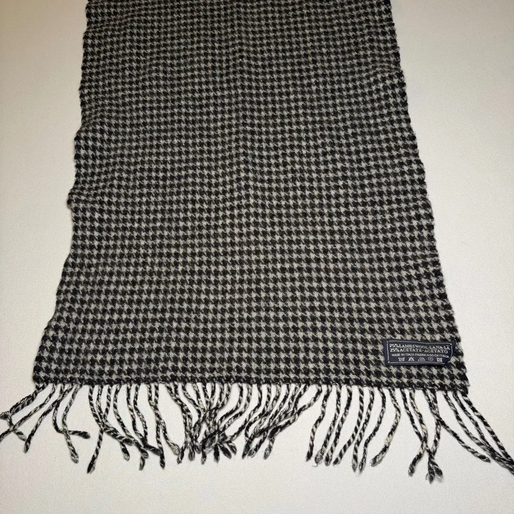 Italian Lambswool Scarf Houndstooth Black Grey Blend Made‎ in Italy